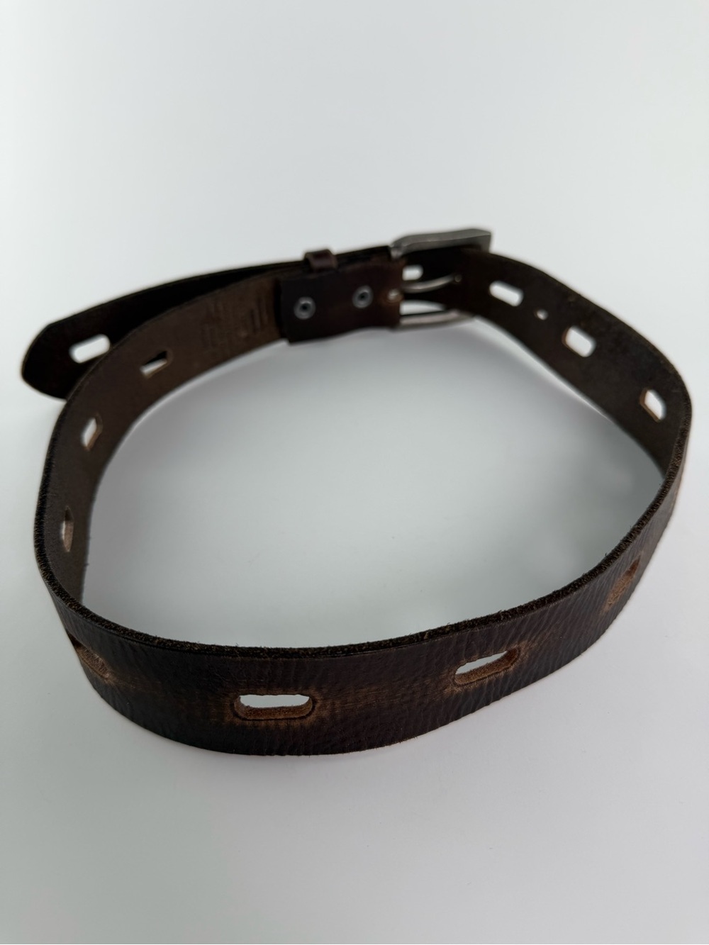 Vintage Y2K Perforated Leather Belt with Silver Tone Square Buckle Size 32 Brown - Picture 2 of 7